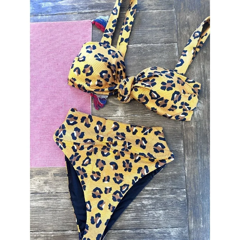NEW BEACH RIOT Sofia Bikini SET Leopard Animal Print Gold Black Women's Size XS - Picture 2 of 9
